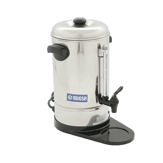 Cafetera percoladora eléctrica tipo secretarial. Fabricado el cuerpo en acero inoxidable. Colador en aluminio, asas de baquelita, tubo indicador de nivel, automática, llave a prueba de goteo, apagador con foco indicador. Capacidad:6 Litros (36 tazas),Voltaje: 110 Volts 60 Ciclos