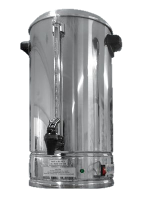 Cafetera percoladora eléctrica tipo secretarial. Fabricado el cuerpo en acero inoxidable. Colador en aluminio, asas de baquelita, tubo indicador de nivel, automática, llave a prueba de goteo, apagador con foco indicador. Capacidad:10 Litros (60 tazas), Voltaje: 110 Volts 60 Ciclos