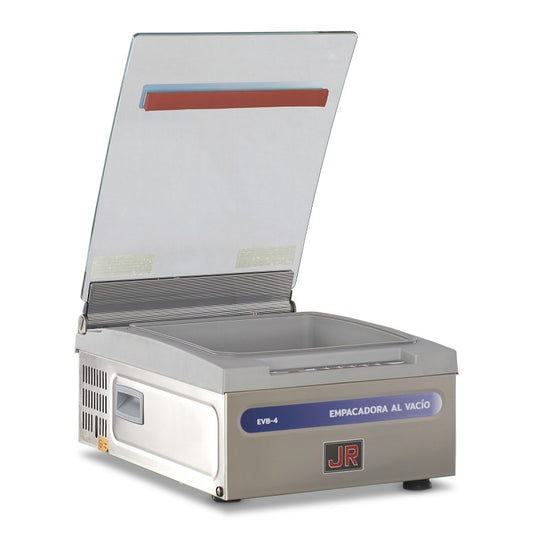 Empacadora al vacío con capacidad de 4 m3 Única con vacío externo para envases y botellas Cámara fácil de limpiar Tablas de aumento Operación fácil e intuitiva Barra de sellado de 26 cm Tapa de cristal templado Vacuómetro y panel digital.
