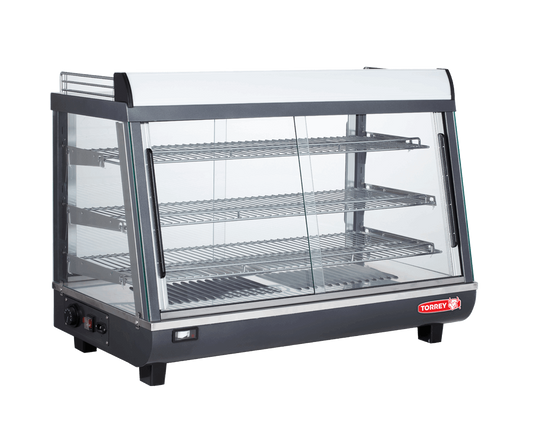 Vitrina caliente para mostrador. Maximiza la exhibición de tus alimentos, vitrina con vista panóramica, 3 parrillas ajustables y 3 lamparas interiores de iluminación LED, copete exhibidor iluminado y 4 puertas corredizas (2 al fente y 2 en parte posterior) para un fácil acceso a los productos. Indicador de temperatura