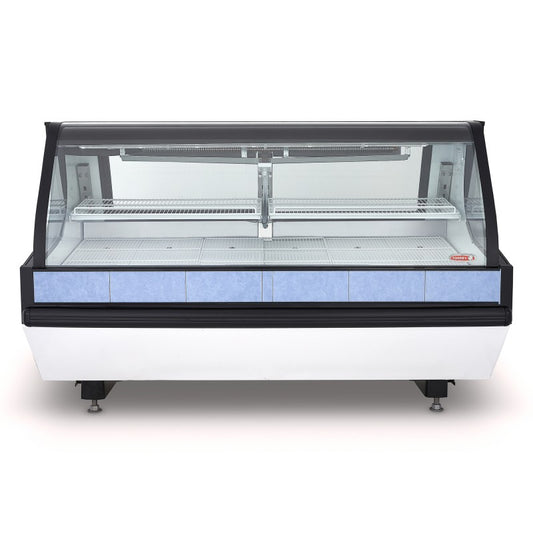 Vitrina carnicera modular de 2 m de largo color blanco, puertas posteriores de vidrio, congelador inferior ideal para establecimientos grandes de venta de carne. \n<ul> \n         <li>2 parrillas superiores y tres de piso</li> \n         <li>Puertas traseras corredizas de vidrio desmontables</li> \n         <li>Almacén inferior para congelamiento</li> \n         <li>Techo mostrador</li> \n         <li>Bumper de protección fronta