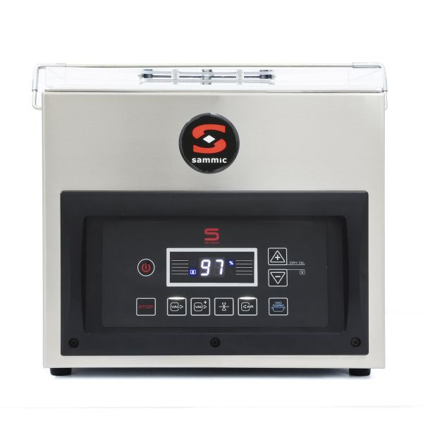 Barra de sellado doble de 280 mm. Equipada con bomba Busch de 5 m³/h. Control de vacío por sensor. Control del vacío por sensor. Vacío plus. Panel de mandos digital. Panel equipado con display que indica el porcentaje exacto de vacío.