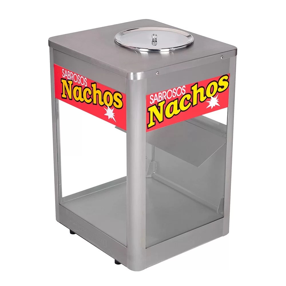 El Exhibidor de nachos INTERNATIONAL está fabricado en acero inoxidable. Sus costados en cristal de 0.4 cm de espesor permite ver el producto exhibido y mantenido en temperatura ideal para su consumo. Cuenta con resistencia de 30 W. a 127 V. y foco spot de 75 W.