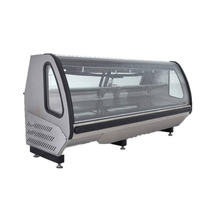 Vitrina autocontenida 2.5 m frente, fabricada completamente en acero inoxidable. Diseño innovador, con vidrio panorámico y control de temperatura digital.