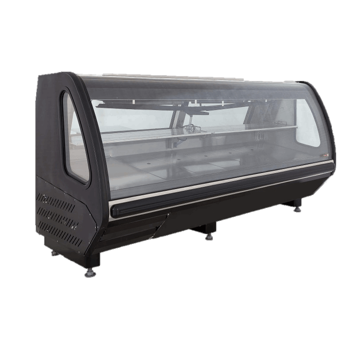 Vitrina autocontenida 2.5 m frente, color blanco o negro. Diseño innovador, mostrador y parte posterior totalmente en acero inoxidable. Con vidrio panorámico y control de temperatura digital.