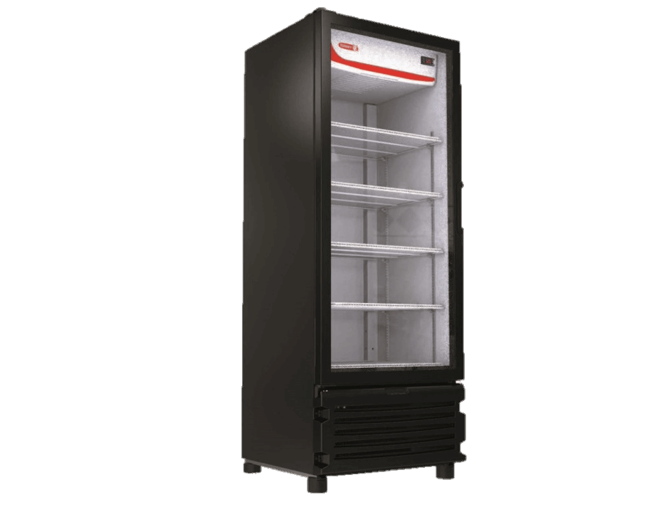 Refrigerador vertical de exhibición de 17 pies, con sistema de enfriamiento por aire forzado, 5 parrillas de acero pre-pintado e iluminación LED de alta intensidad.