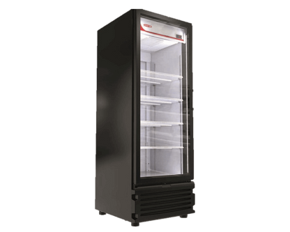 Refrigerador vertical de exhibición de 25 pies, con sistema de enfriamiento por aire forzado, 4 parrillas de acero pre-pintado e iluminación LED de alta intensidad.